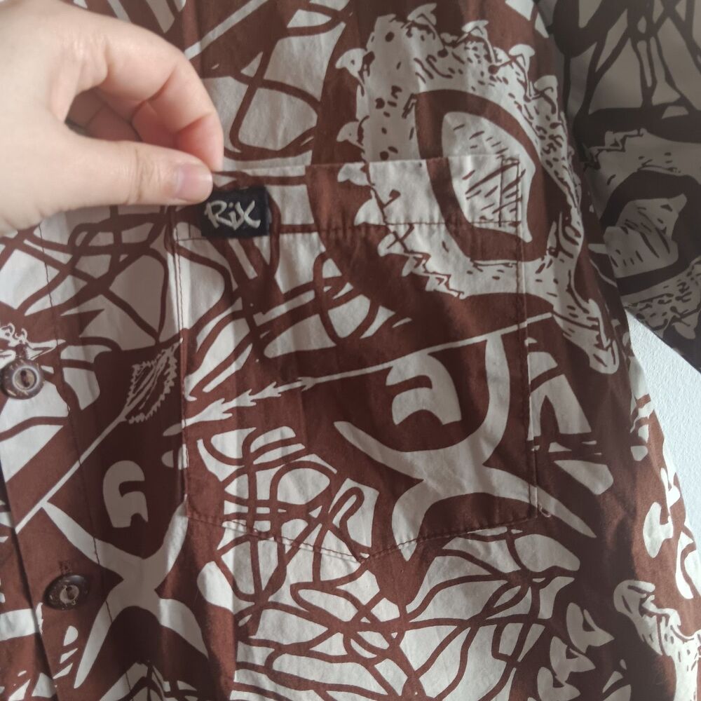 Rix100% cotton Hawaiian Brown Short Sleeves Shirt Tiki Front Pocket Vacation - Picture 8 of 9